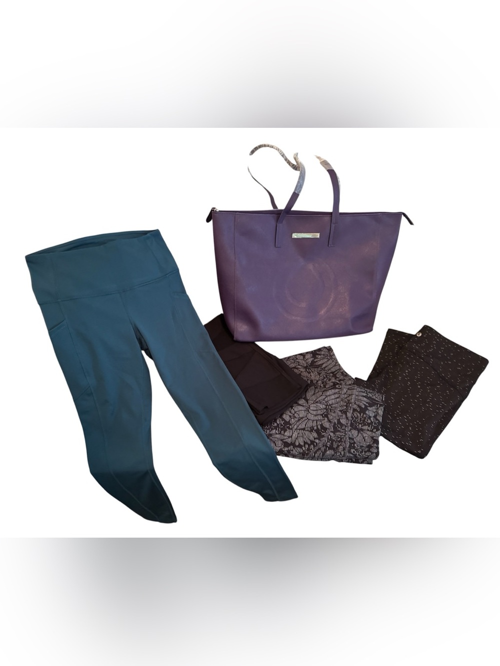 4 pairs EUC Capri Leggings Medium and Monat Purple Tote NWT